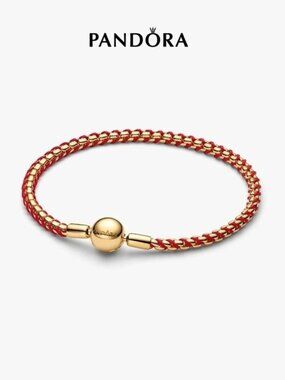 Pandora Red Braided Leather Bracelet with Gold-Plated Accents